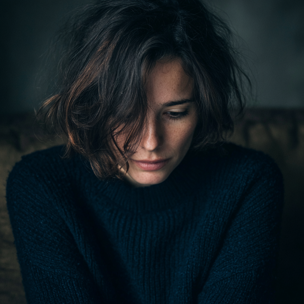 Une femme émotive assise sur un canapé | Source : Midjourney