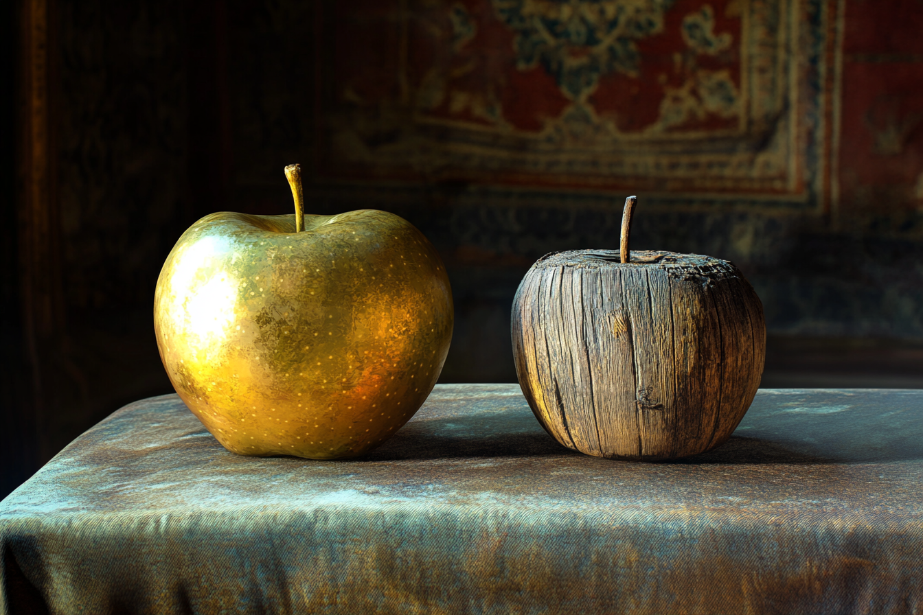 Une pomme dorée et une pomme en bois altérée par les intempéries | Source : Midjourney