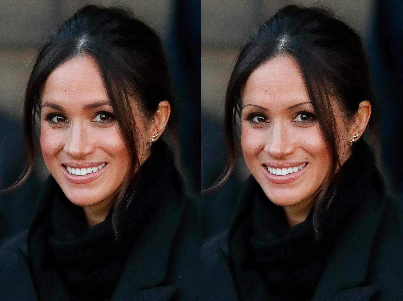 Les sourcils de Meghan Markle de 2018 vs un look de sourcils fins édité numériquement | Source : Getty Images