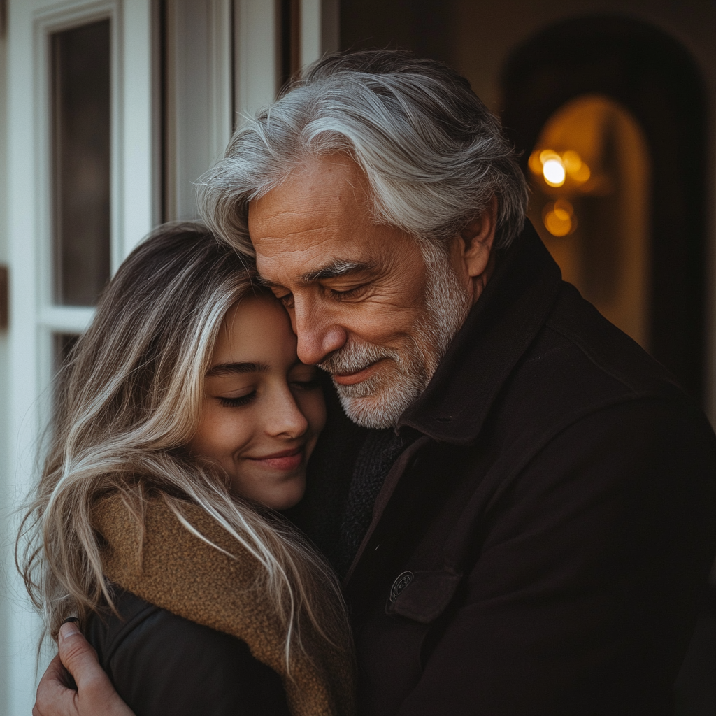 Homme âgé serrant sa fille dans ses bras | Source : Midjourney