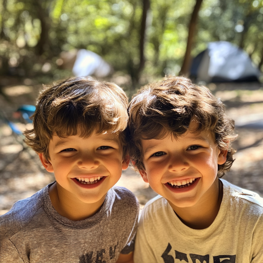 Two twin boys at a campsite | Source: Midjourney