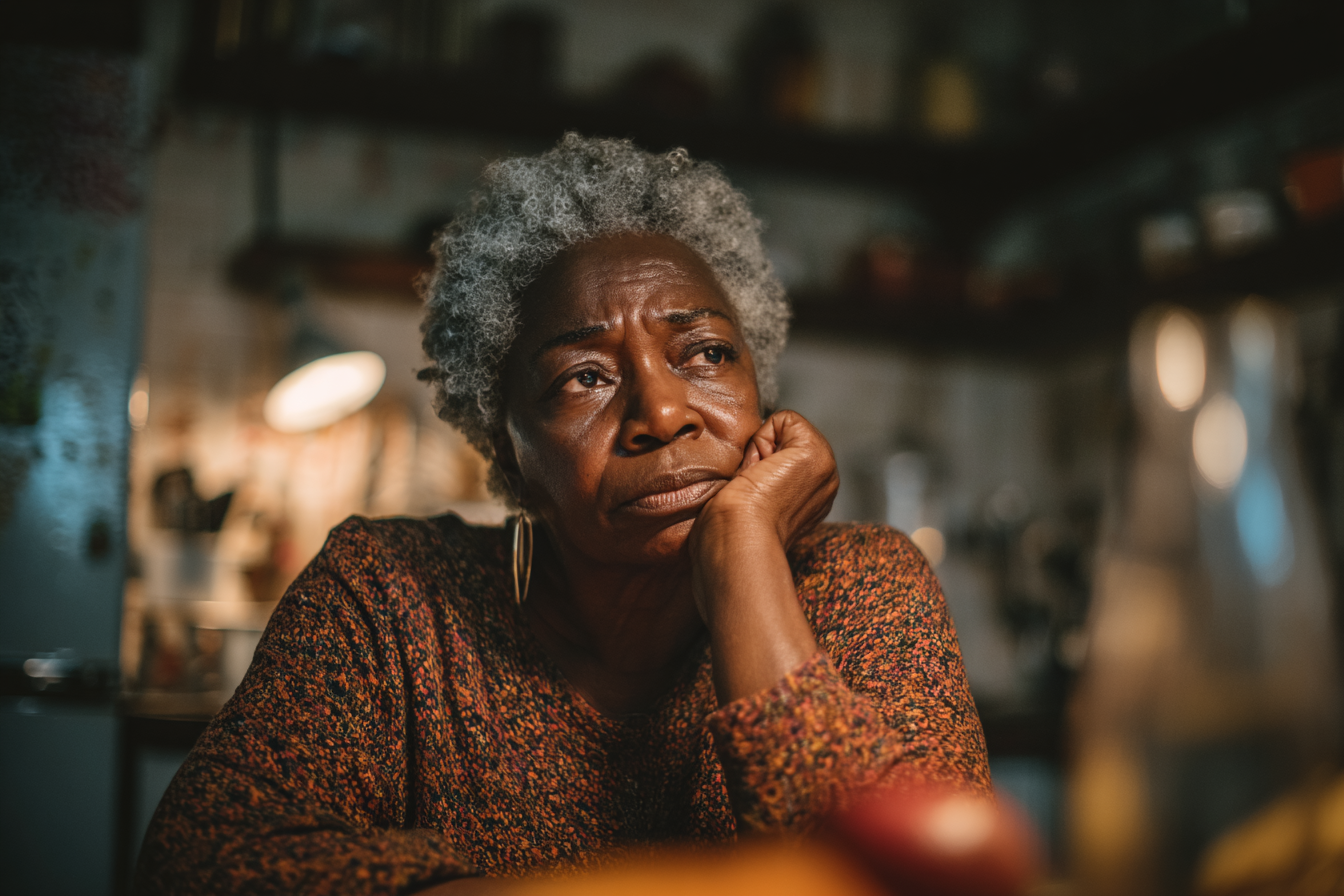 Une femme triste et pensive assise à une table de cuisine | Source : Midjourney