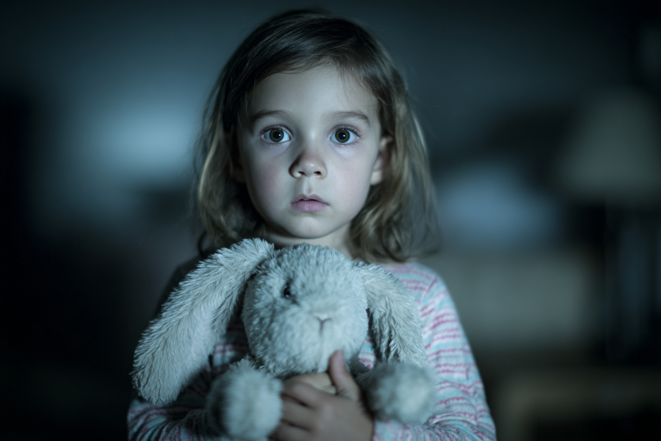 Un enfant effrayé s'accroche à un lapin en peluche | Source : Midjourney