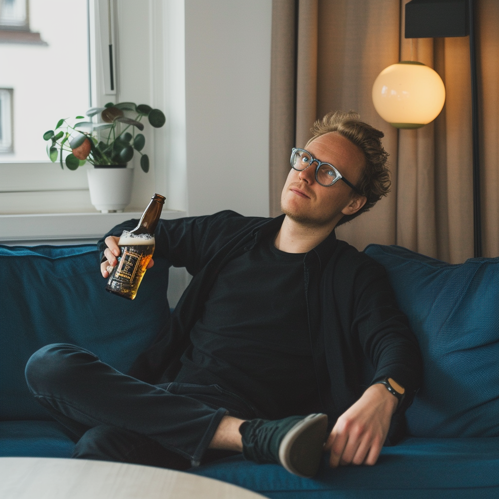 A man sitting on a sofa with a bottle | Source: Midjourney