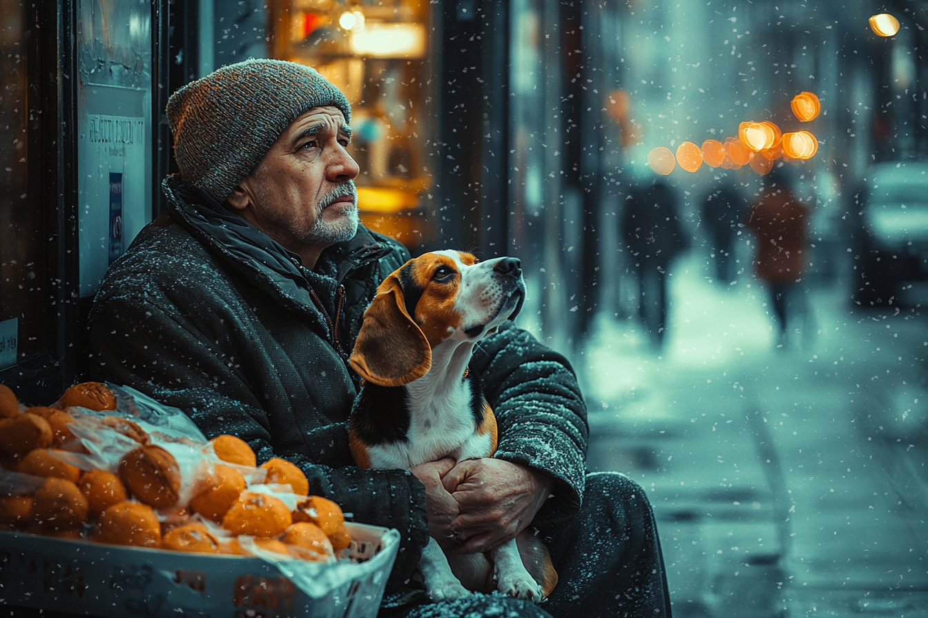 Un sans-abri serrant fort un chien tout en étant assis devant un bâtiment et en regardant vers le haut | Source : Midjourney