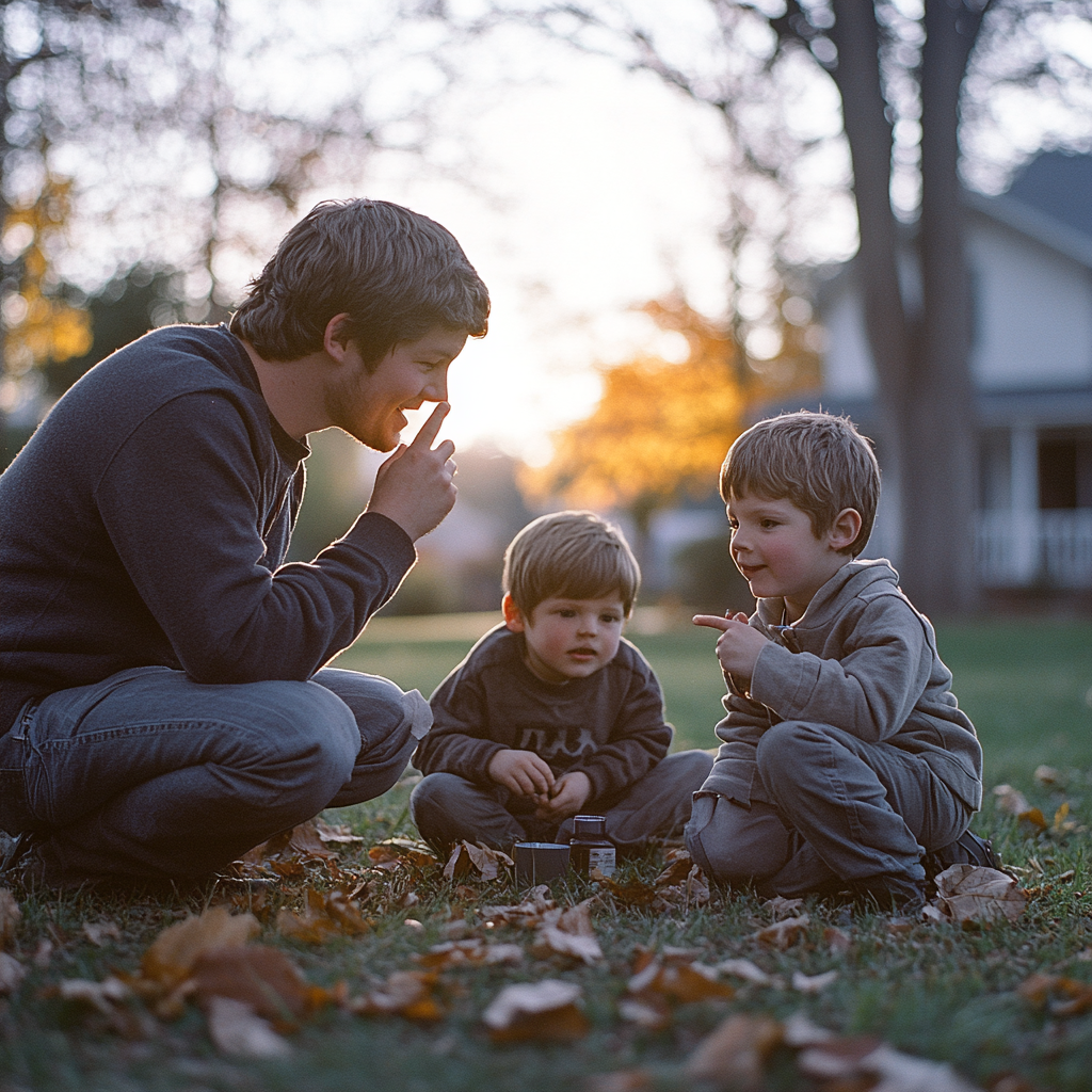 Un homme qui dit à ses enfants de se taire | Source : Midjourney