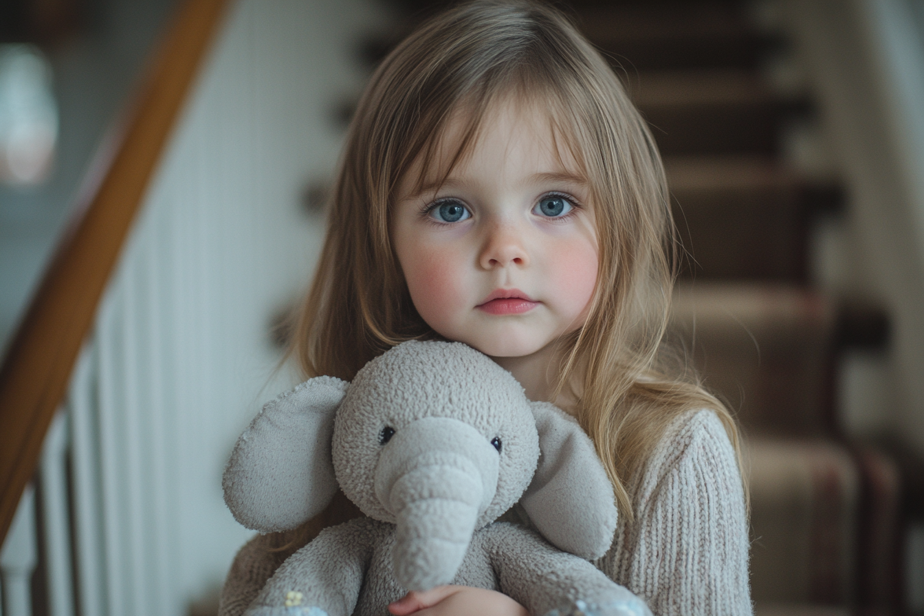 Petite fille tenant son éléphant en peluche | Source : Midjourney