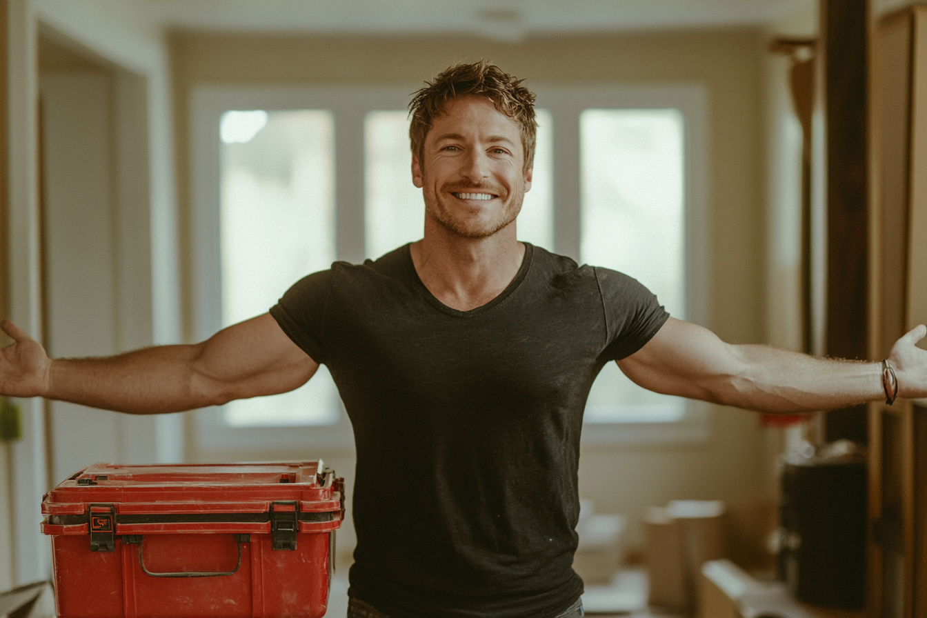 Un homme aux bras écartés, souriant, debout à l'intérieur d'une maison encore en construction | Source : Midjourney