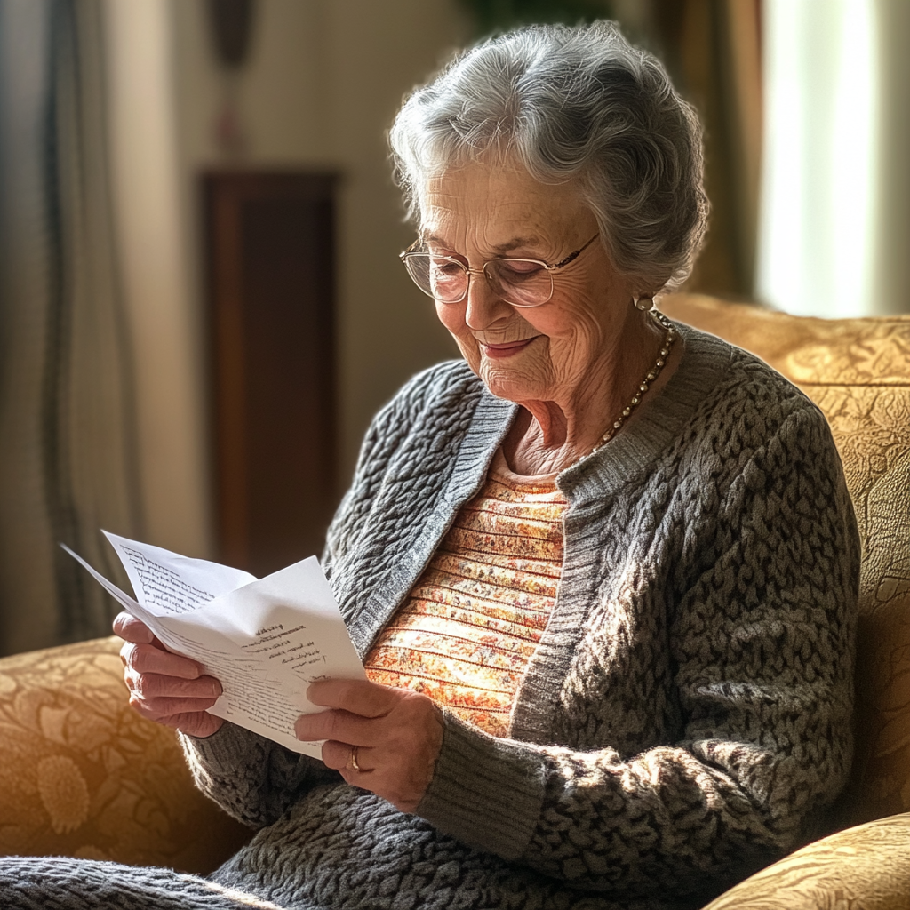 Femme âgée souriant tout en lisant un document | Source : Midjourney