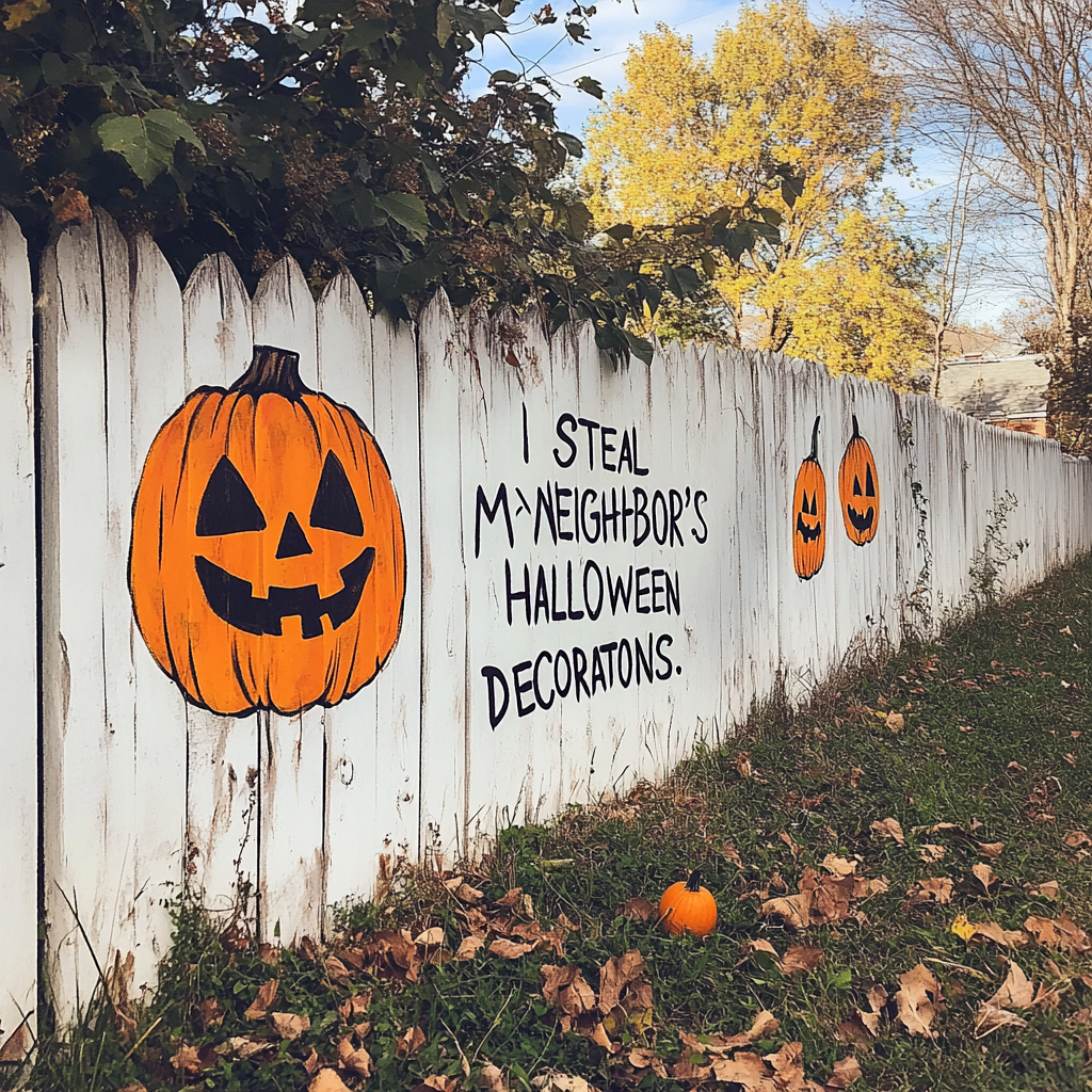 Clôture blanche écrite, "je vole les décorations d'Halloween de mon voisin" | Source : Midjourney