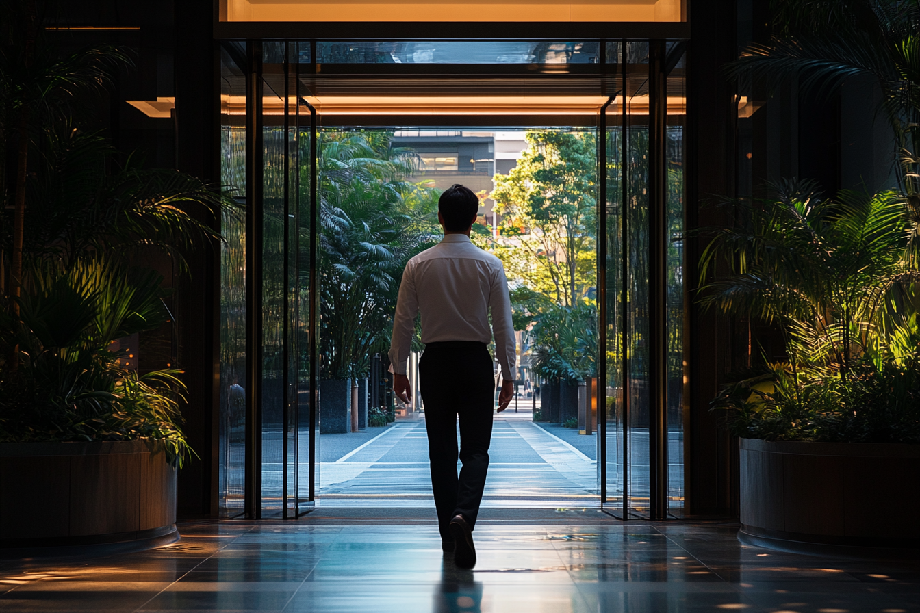 Un homme sortant d'un hôtel | Source : Midjourney