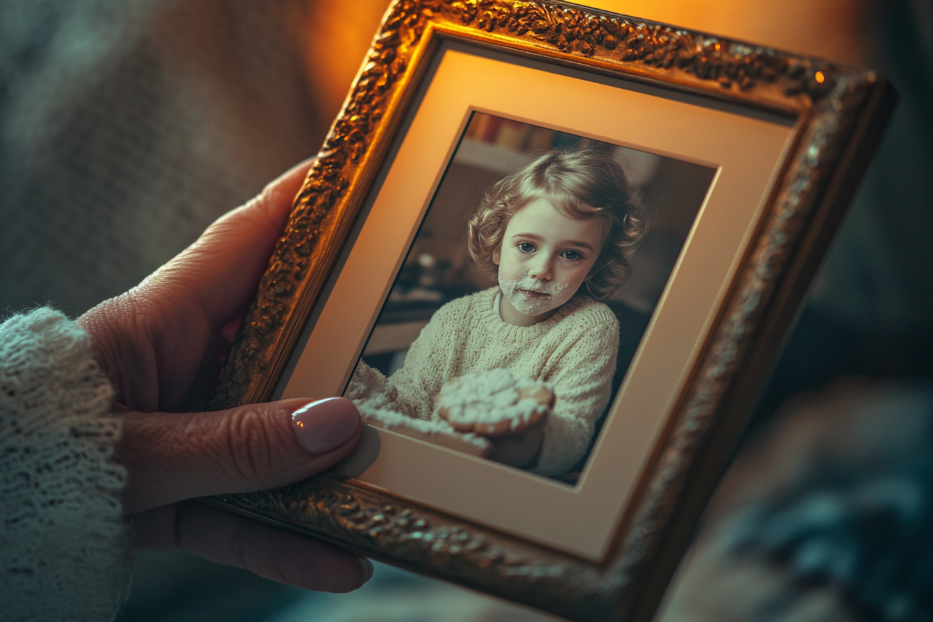 Une femme tenant une photo encadrée d'une petite fille préparant des biscuits | Source : Midjourney