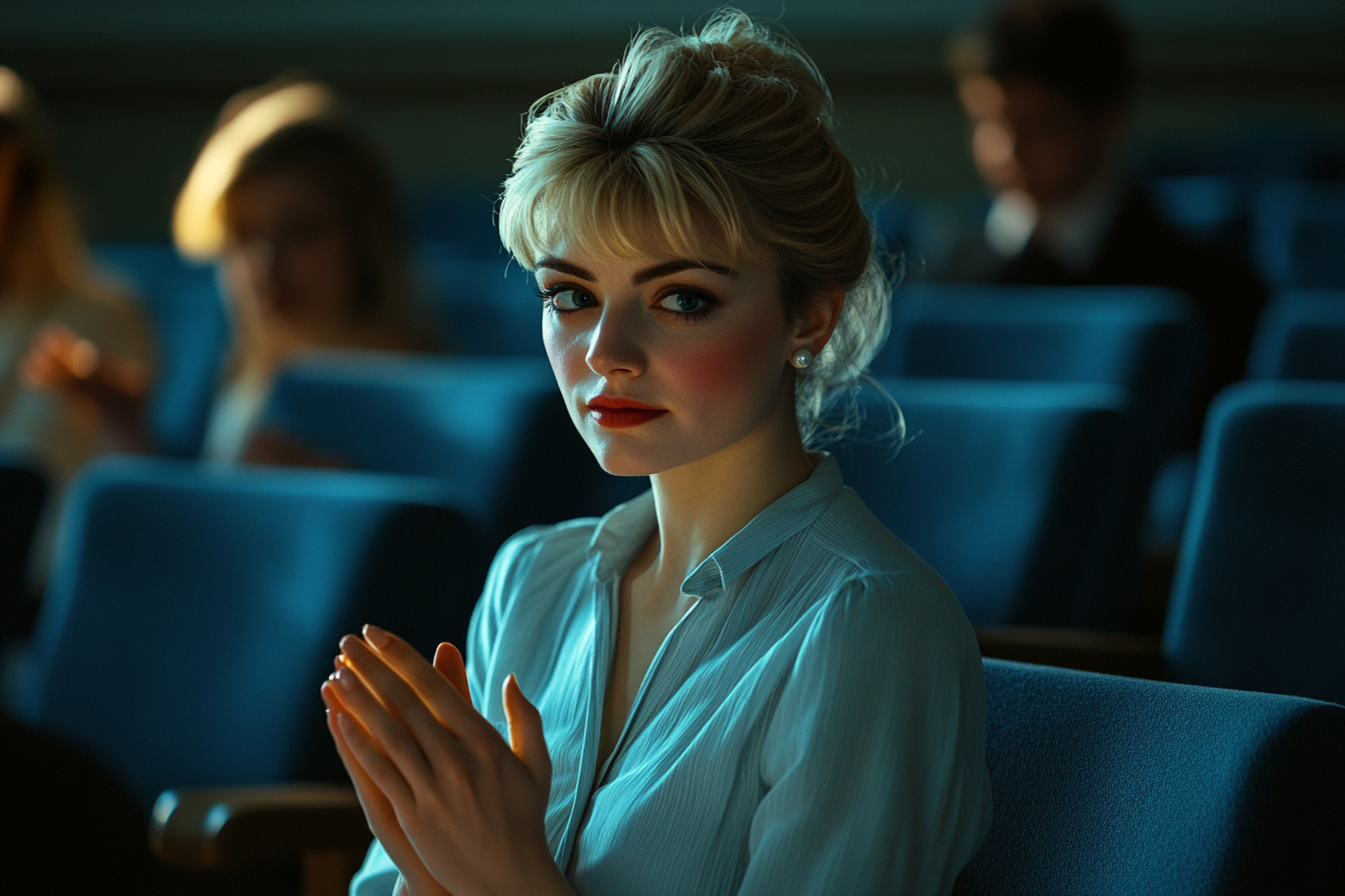Une femme applaudissant dans un auditorium, l'air triste | Source : Midjourney