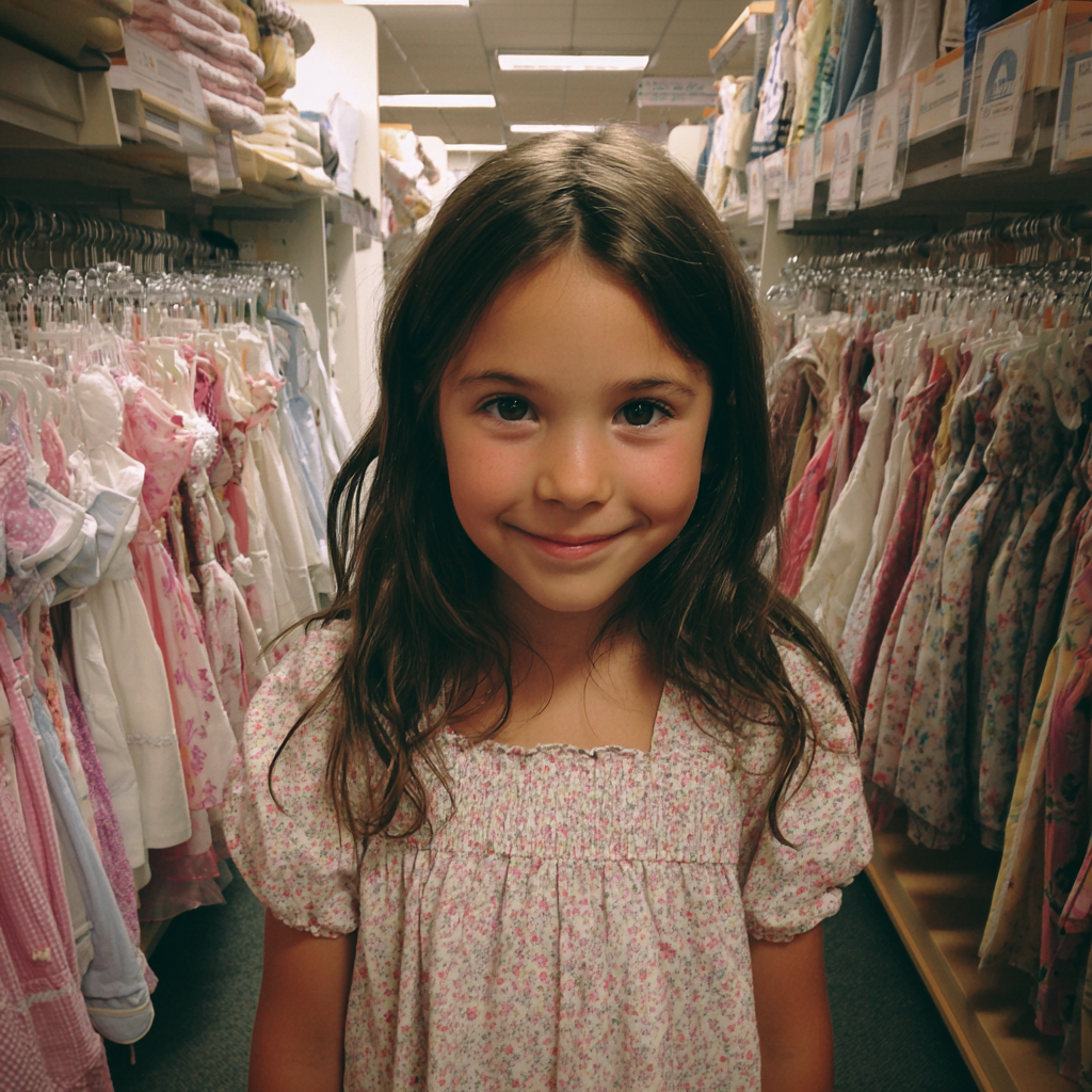 Une petite fille souriante debout dans un magasin | Source : Midjourney