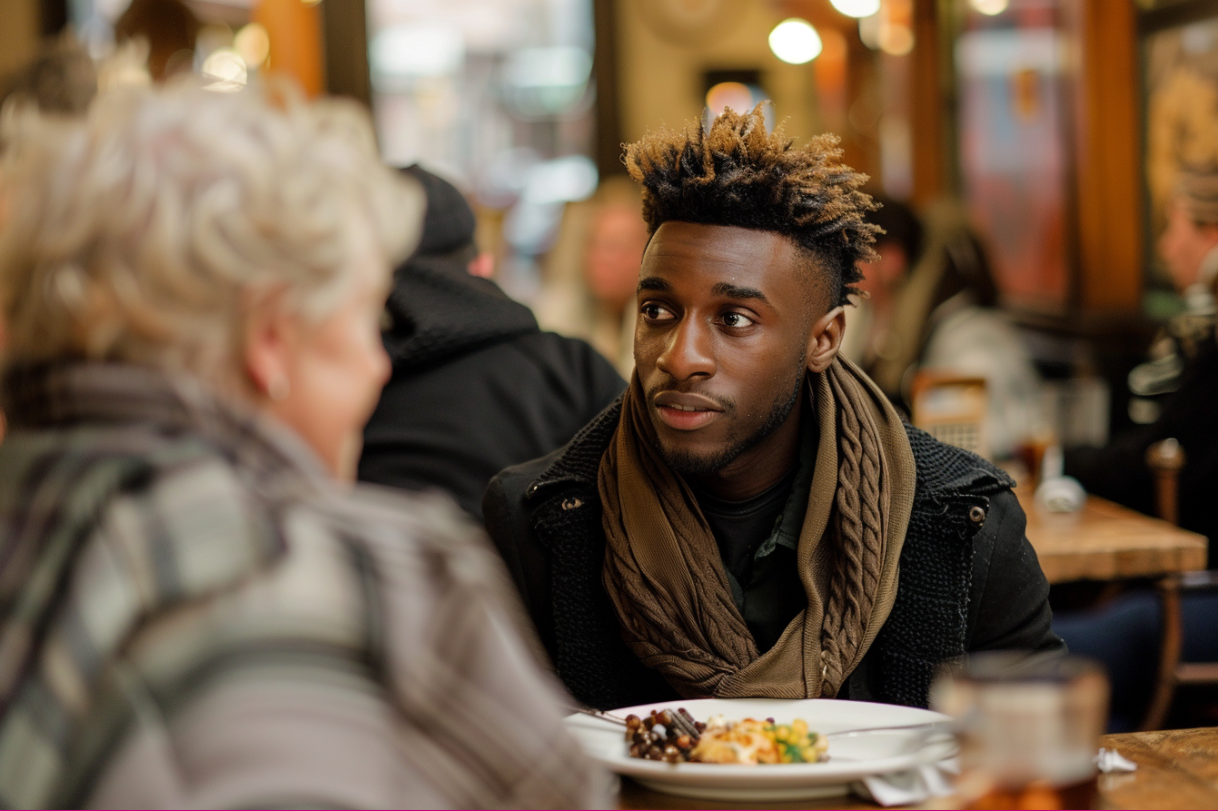 Un jeune homme s'adressant à une femme d'âge mûr | Source : Midjourney