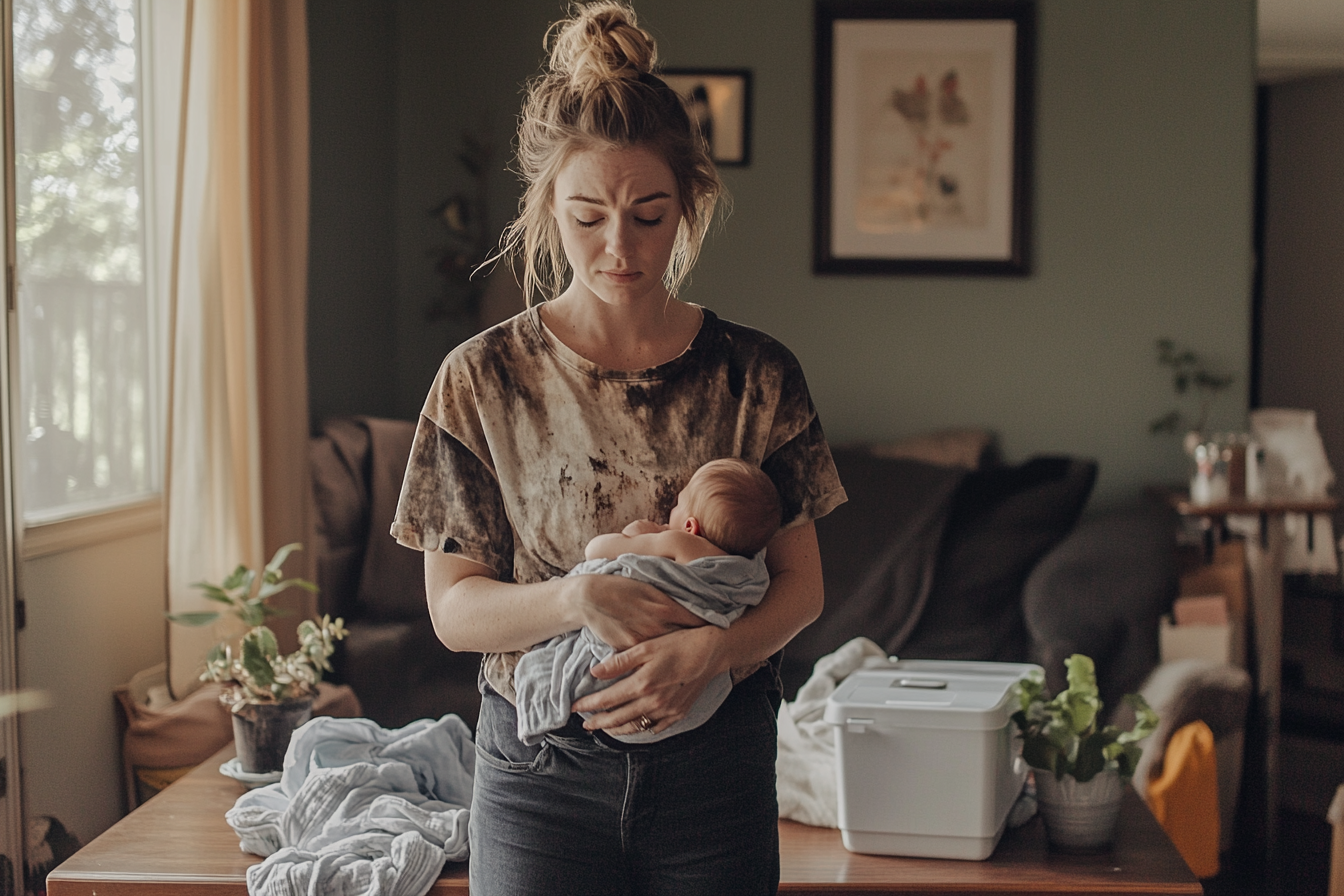 Une femme épuisée tenant un bébé | Source : Midjourney