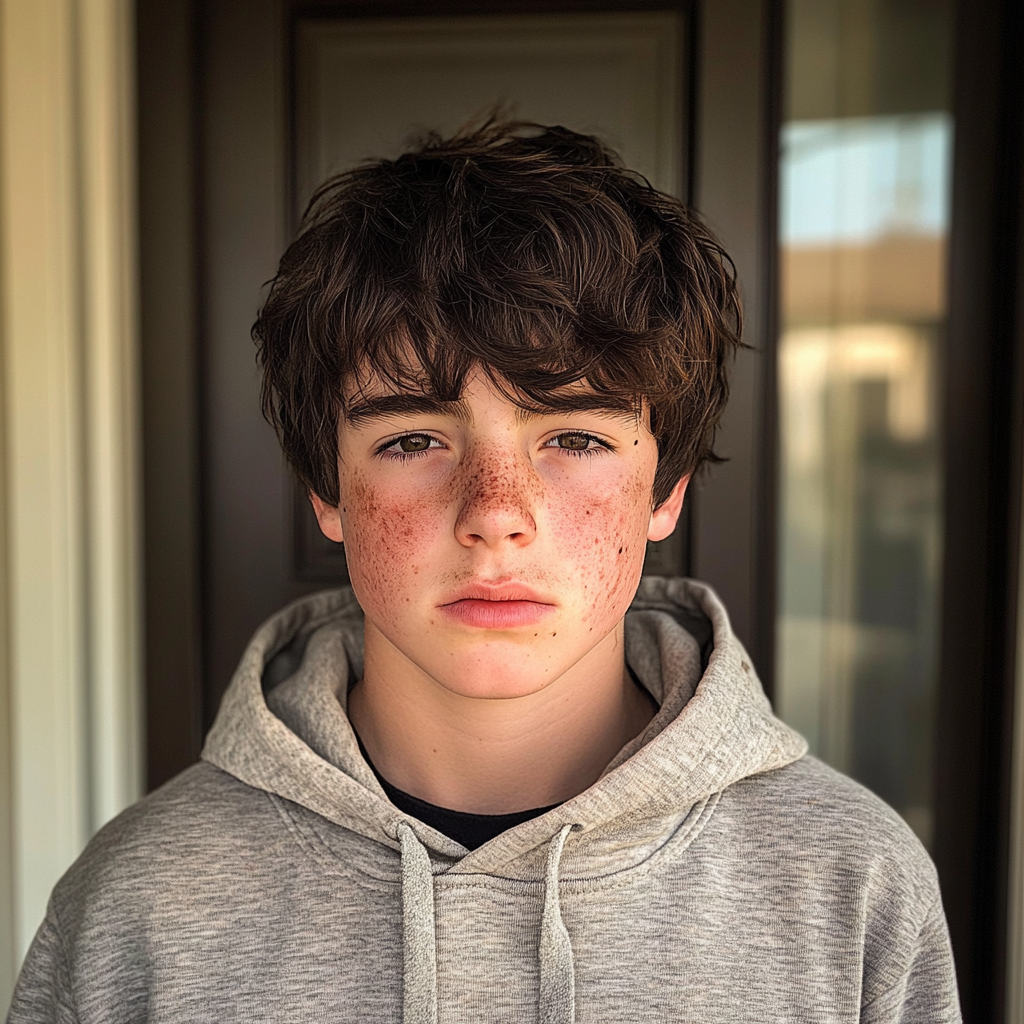 Un adolescent debout devant la porte d'entrée | Source : Midjourney