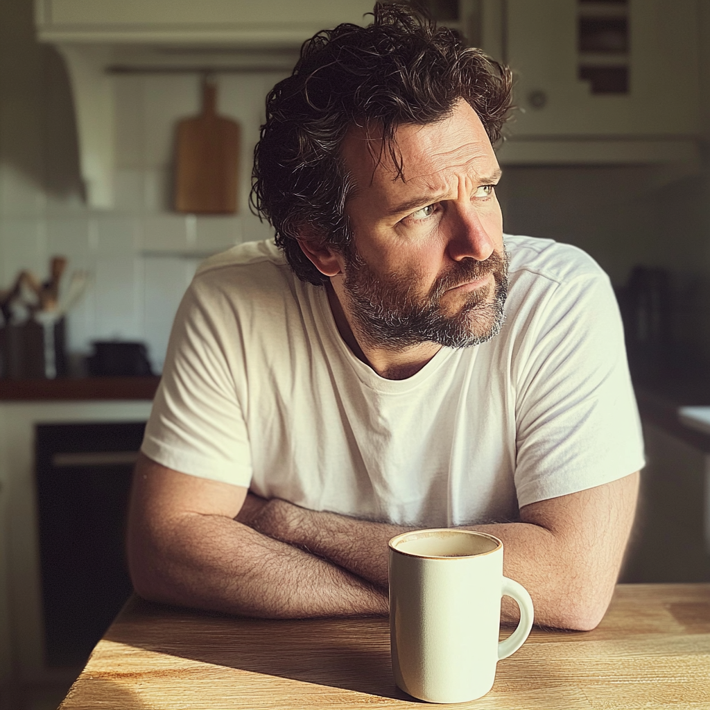 Un homme assis au comptoir d'une cuisine avec une tasse de café | Source : Midjourney