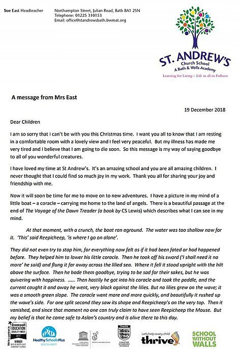 La lettre que Sue a écrit à ses élèves. Source: Daily Mail