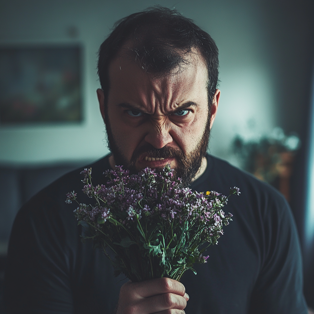 Un homme en colère tenant des fleurs | Source : Midjourney