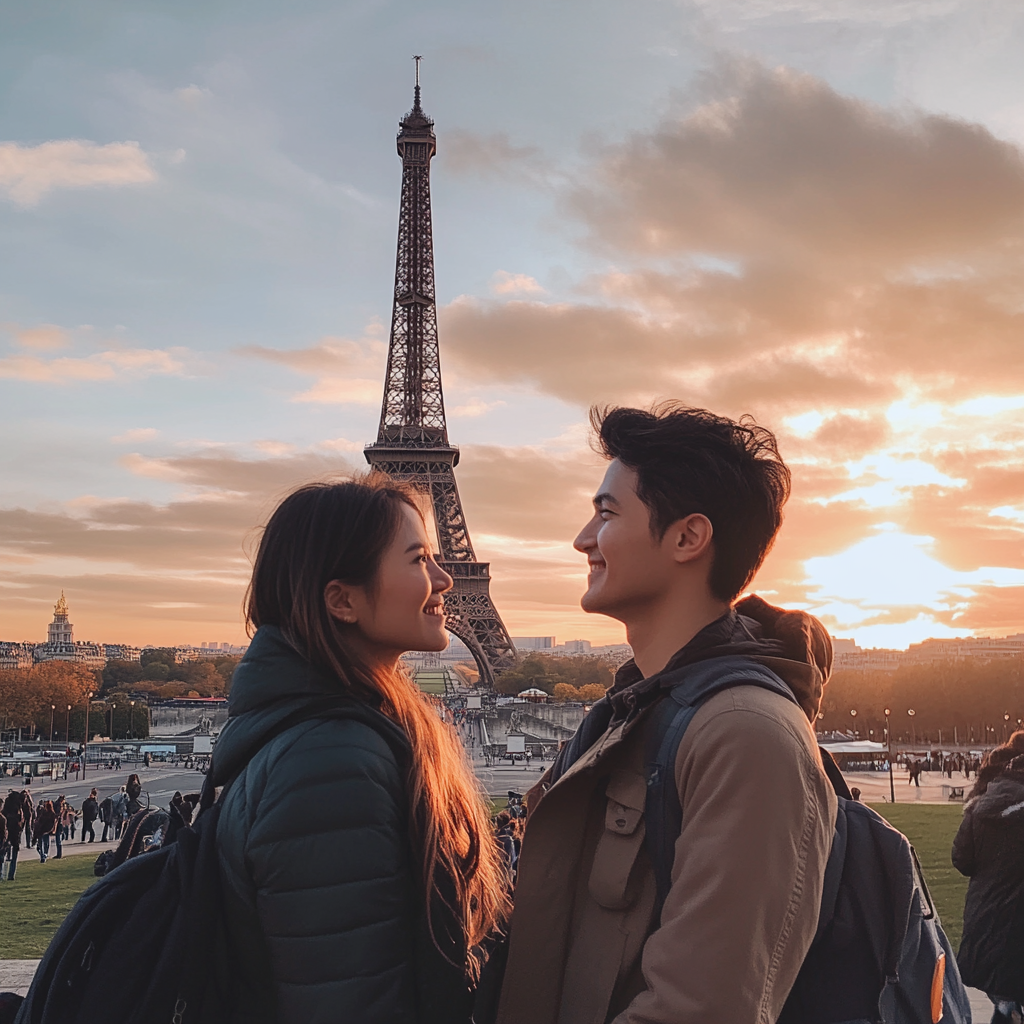 Jeune couple debout près de la tour Eiffel | Source : Midjourney