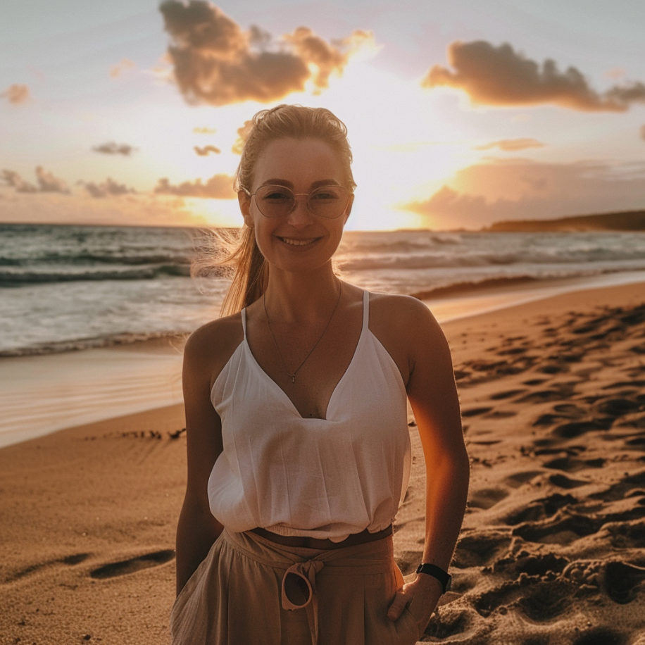 Une femme posant pour une photo pendant le coucher du soleil sur la plage | Source : Midjourney