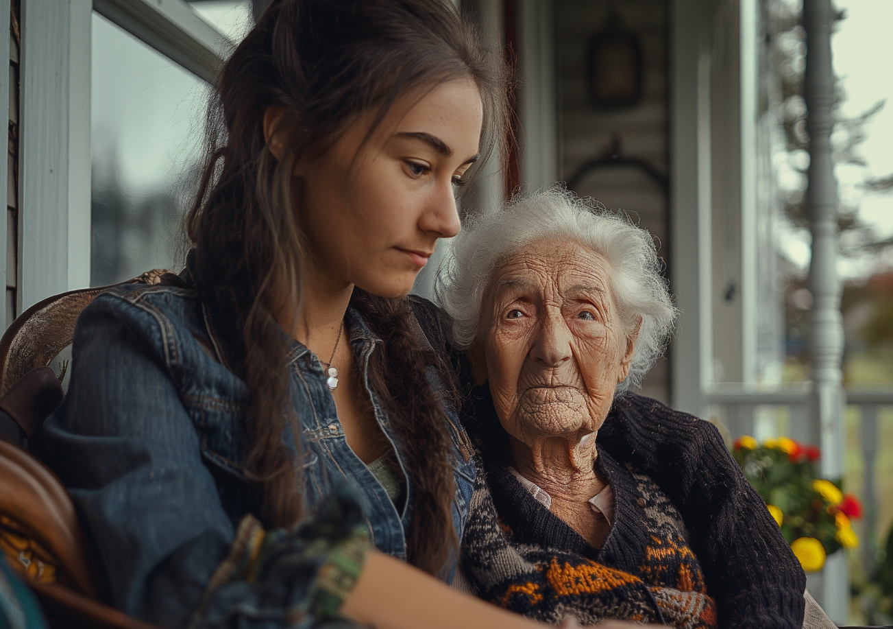 Une grand-mère et sa petite-fille assises sous un porche | Source : Pexels