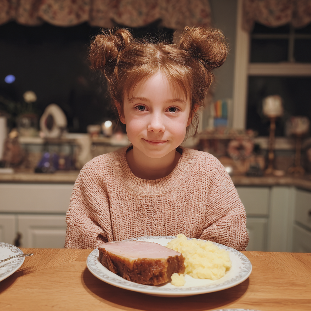 Une petite fille souriante assise à une table de cuisine | Source : Midjourney