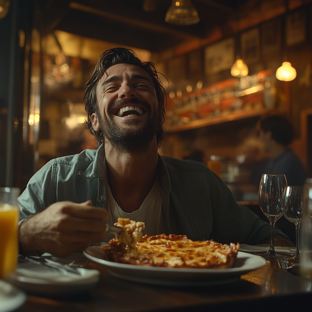 Un homme heureux qui déguste des lasagnes | Source : Midjourney