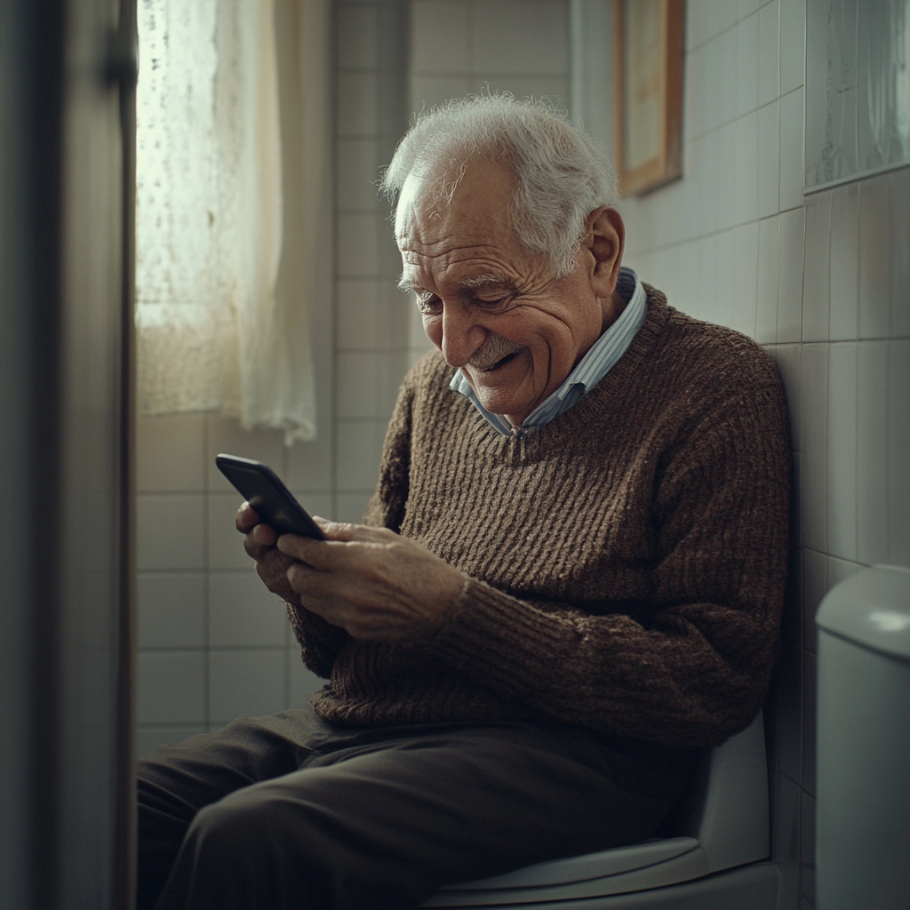 Un homme âgé qui rit blanc en envoyant des textos | Source : Midjourney