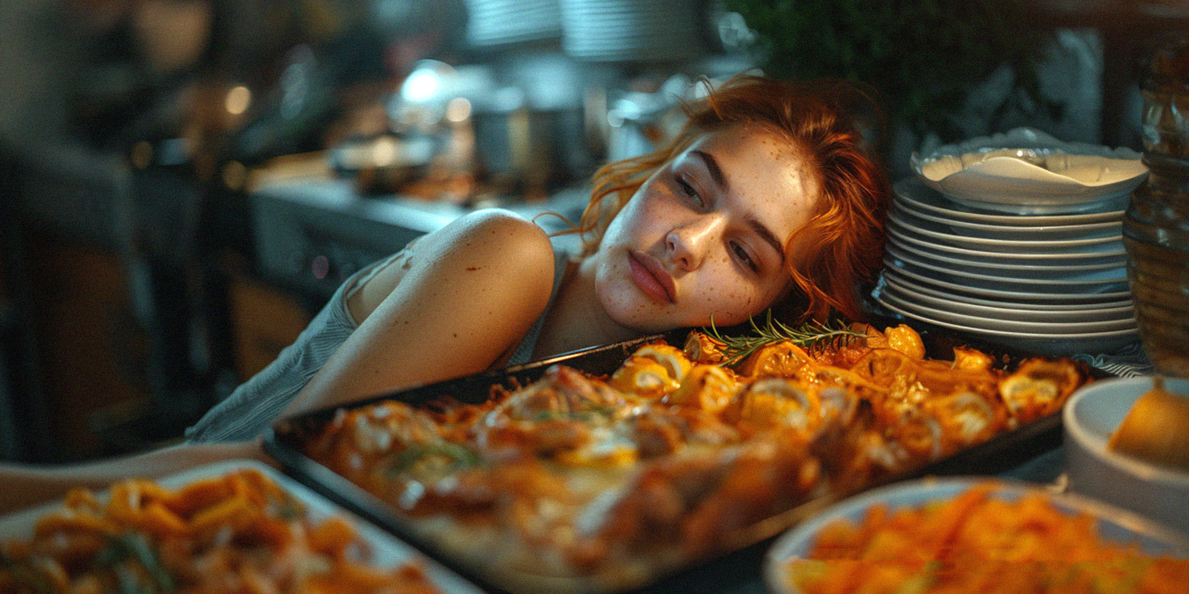 Une jeune femme reposant sa tête sur une table avec de la nourriture et des assiettes | Source : Midjourney