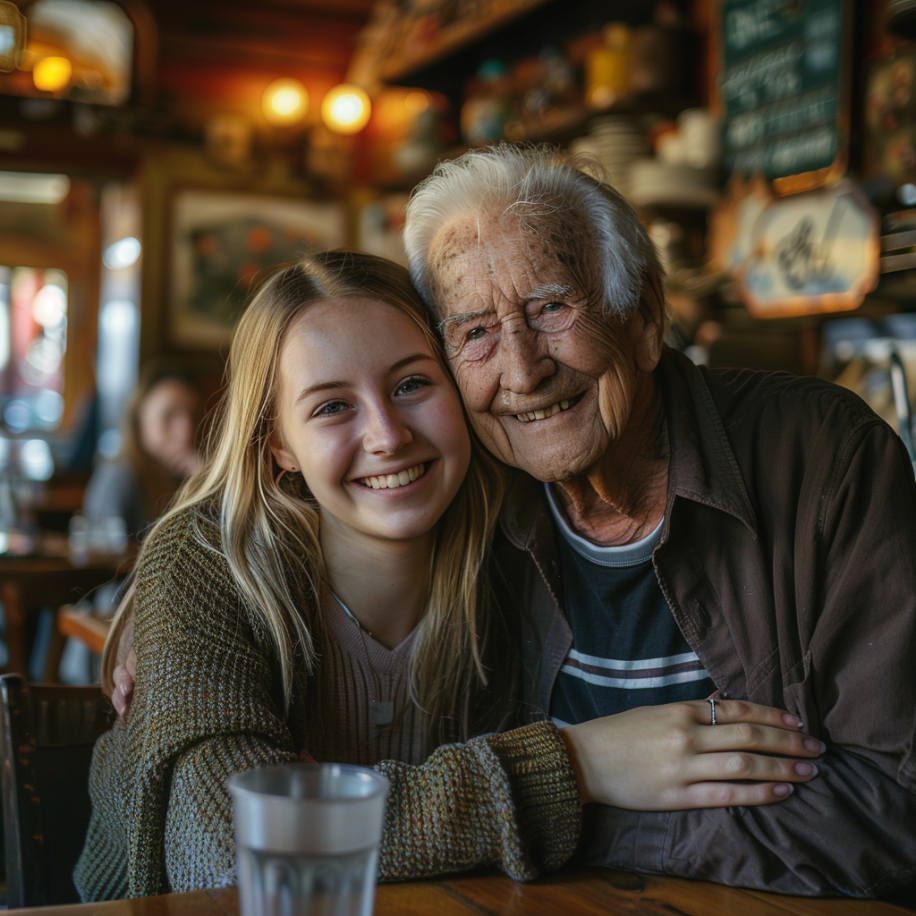 Une femme serrant son grand-père dans ses bras | Source : Midjourney