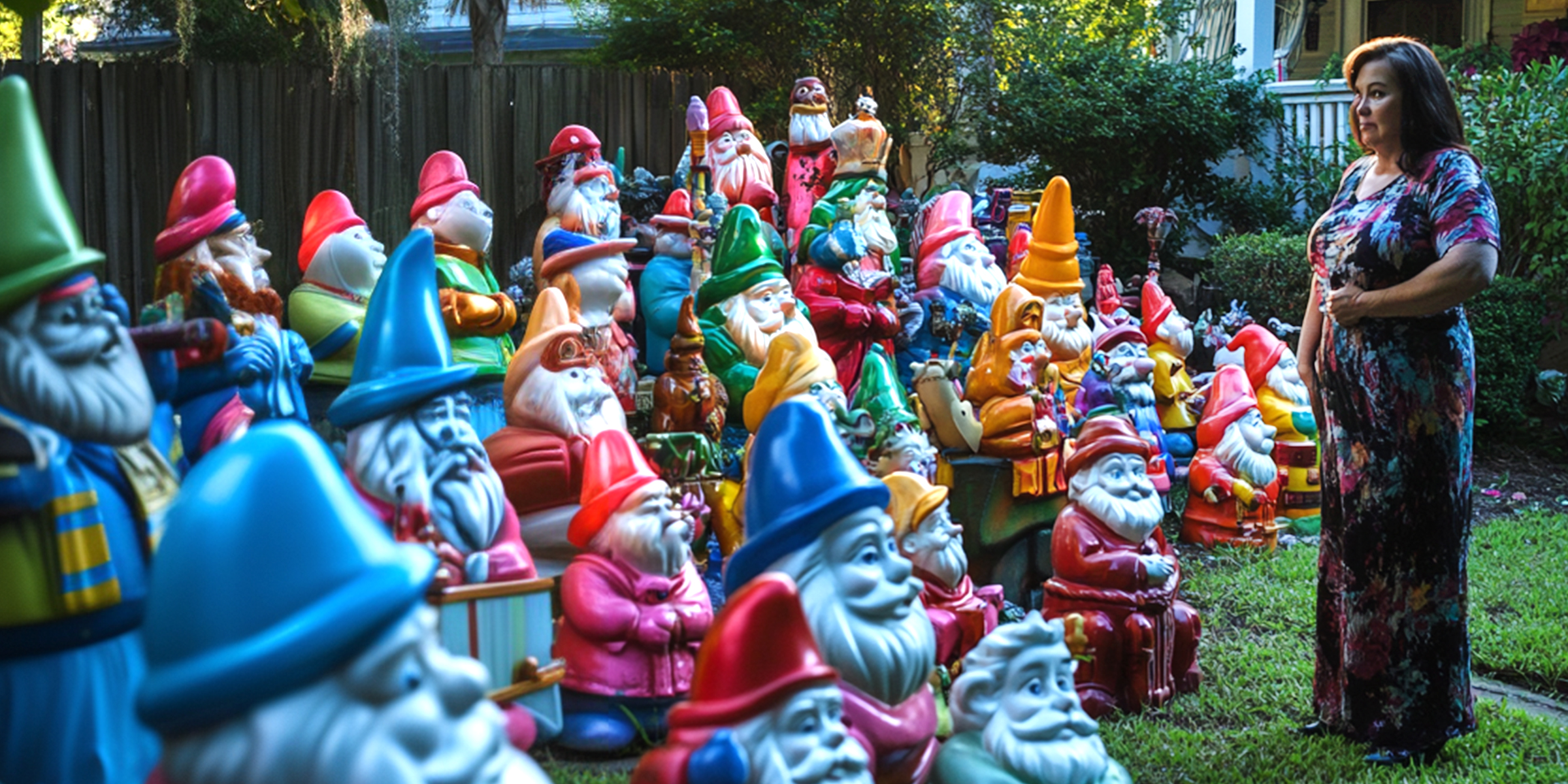 Une femme qui regarde les gnomes dans son jardin | Source : Amomama