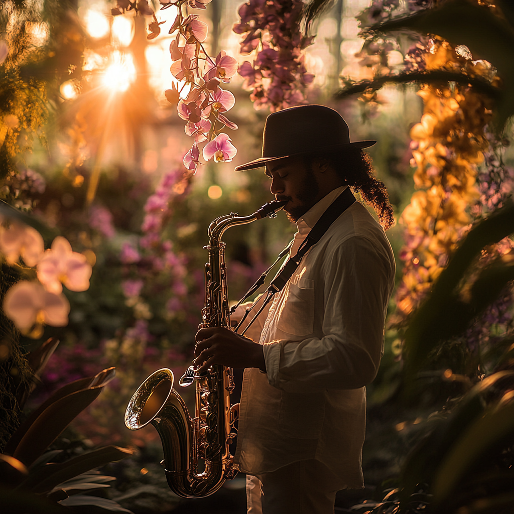 Un saxophoniste jouant du saxophone dans un jardin botanique | Source : Midjourney