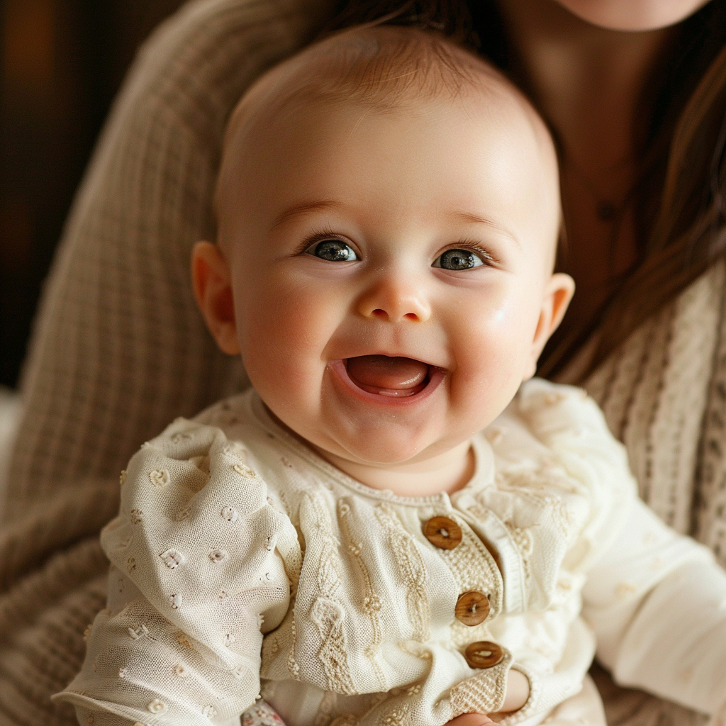 Une petite fille qui rit dans les bras de sa mère | Source : Midjourney