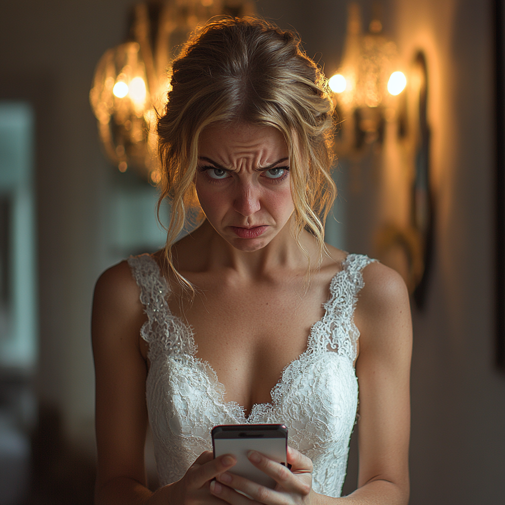 Une mariée en colère tenant son téléphone | Source : Midjourney
