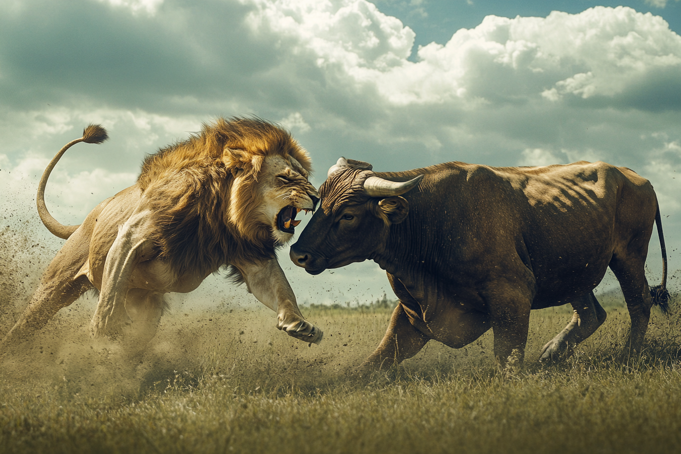 Un lion se battant avec un taureau | Source : Midjourney