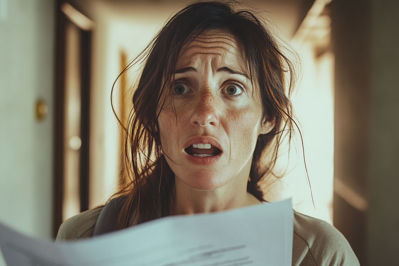 Une femme choquée regarde des documents | Source : Midjourney