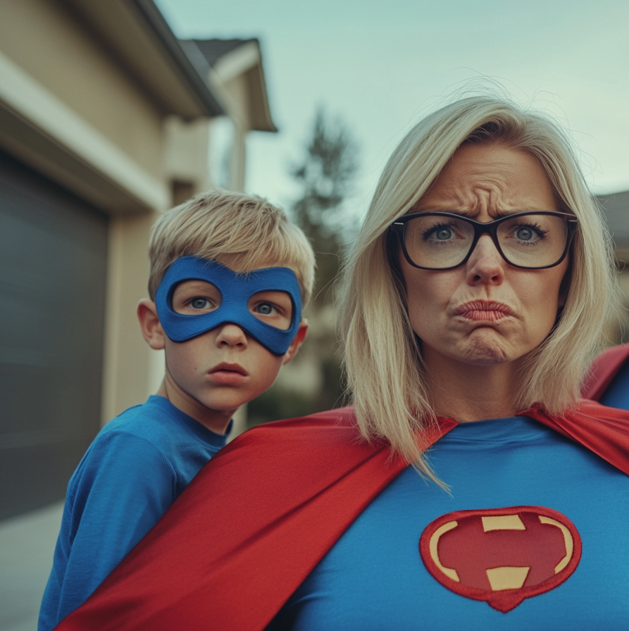 Une femme et son fils déguisés en super-héros | Source : Midjourney