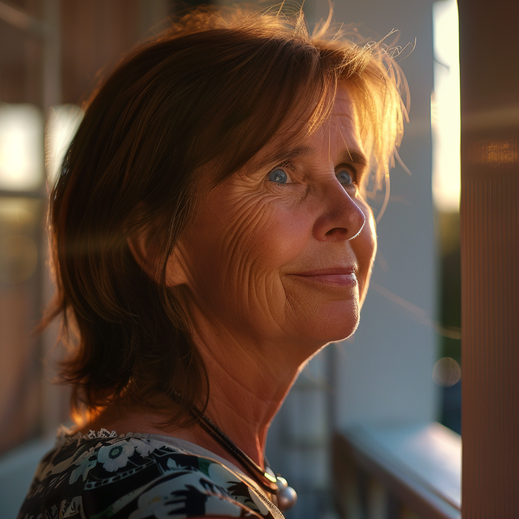 Vue de profil d'une femme levant les yeux et souriant. | Source : Midjourney