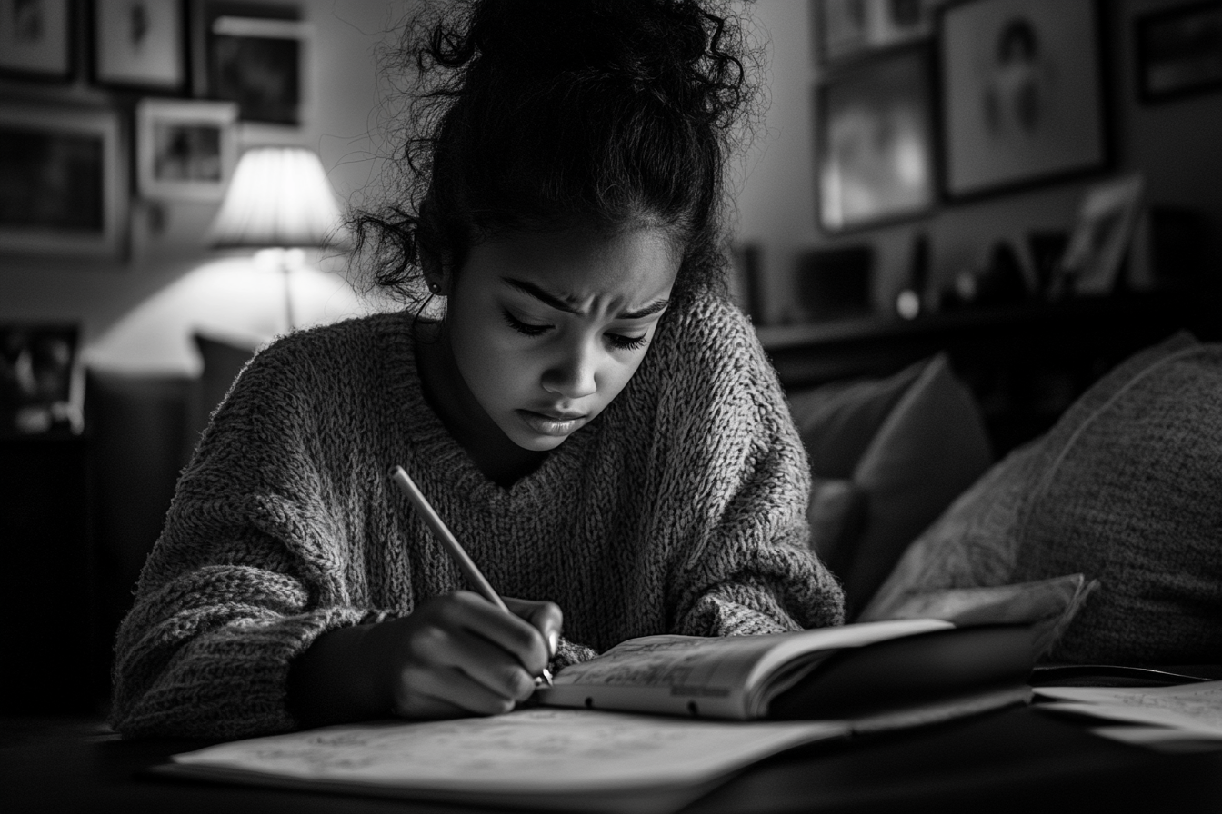 Nuances de gris d'une adolescente faisant ses devoirs | Source : Midjourney