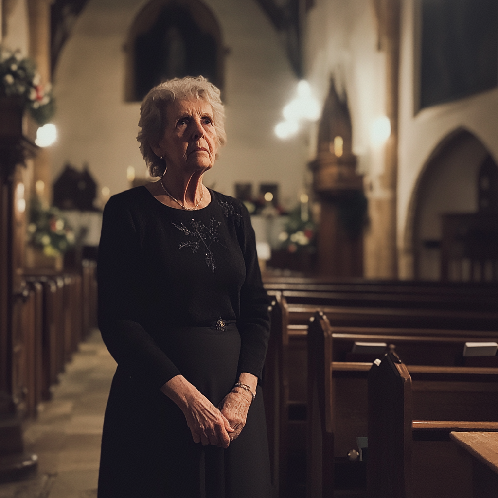 Une vieille femme debout dans une église | Source : Midjourney