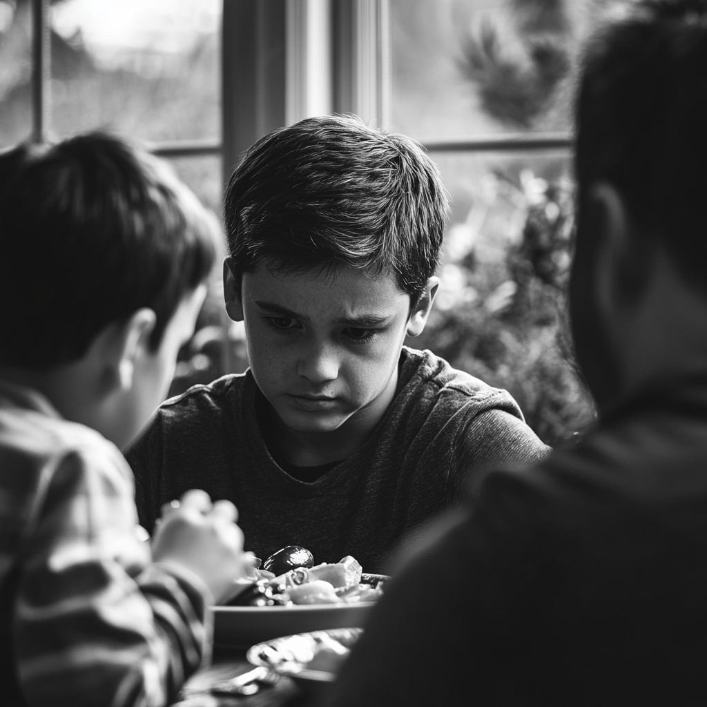 Un garçon qui regarde son père et son frère manger | Source : Midjourney