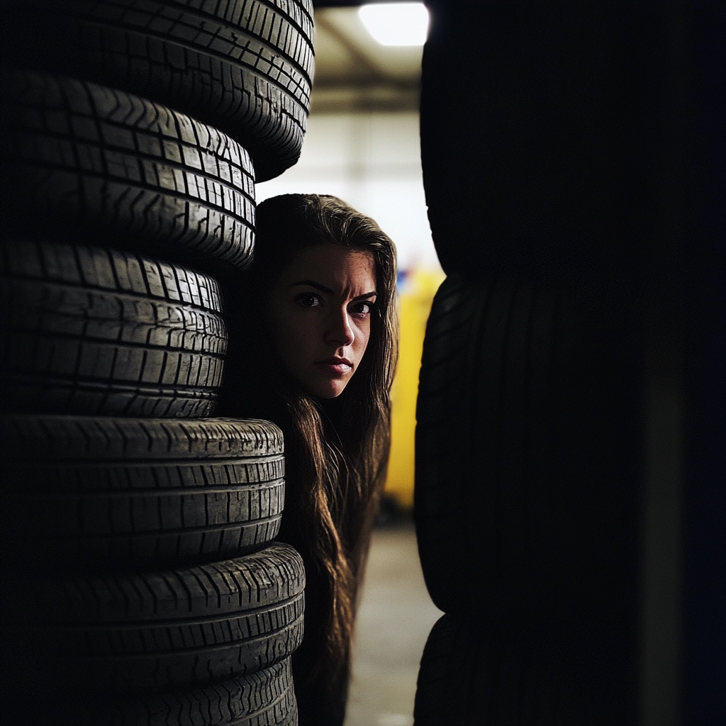 Une femme qui se cache derrière une pile de pneus | Source : Midjourney