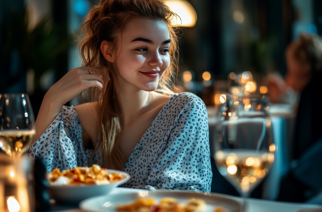 Une femme savourant son dîner | Source : Midjourney