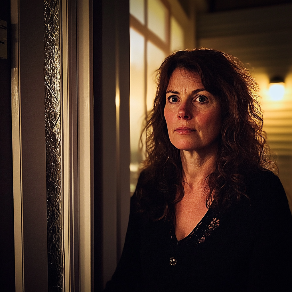 Une femme pensive debout dans l'embrasure d'une porte | Source : Midjourney