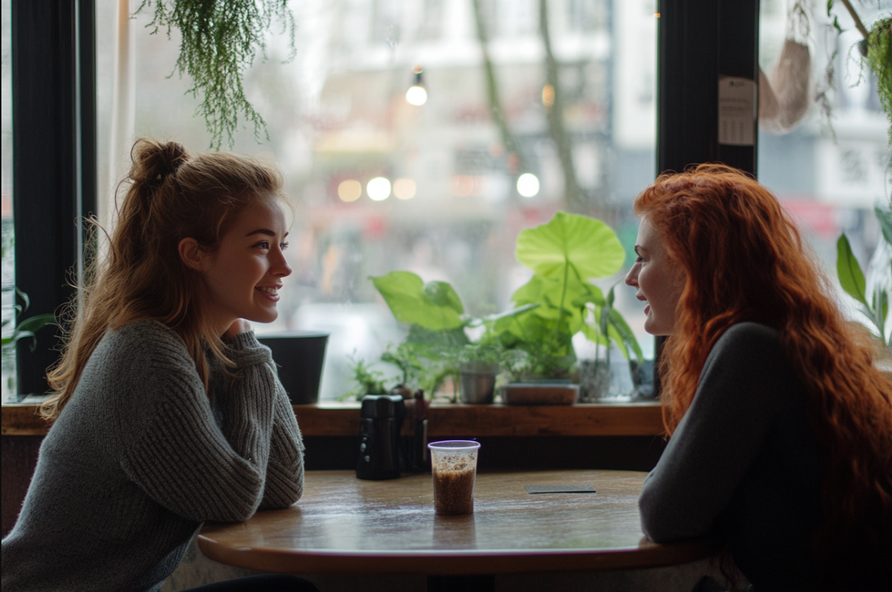 Deux femmes assises dans un café | Source : Midjourney