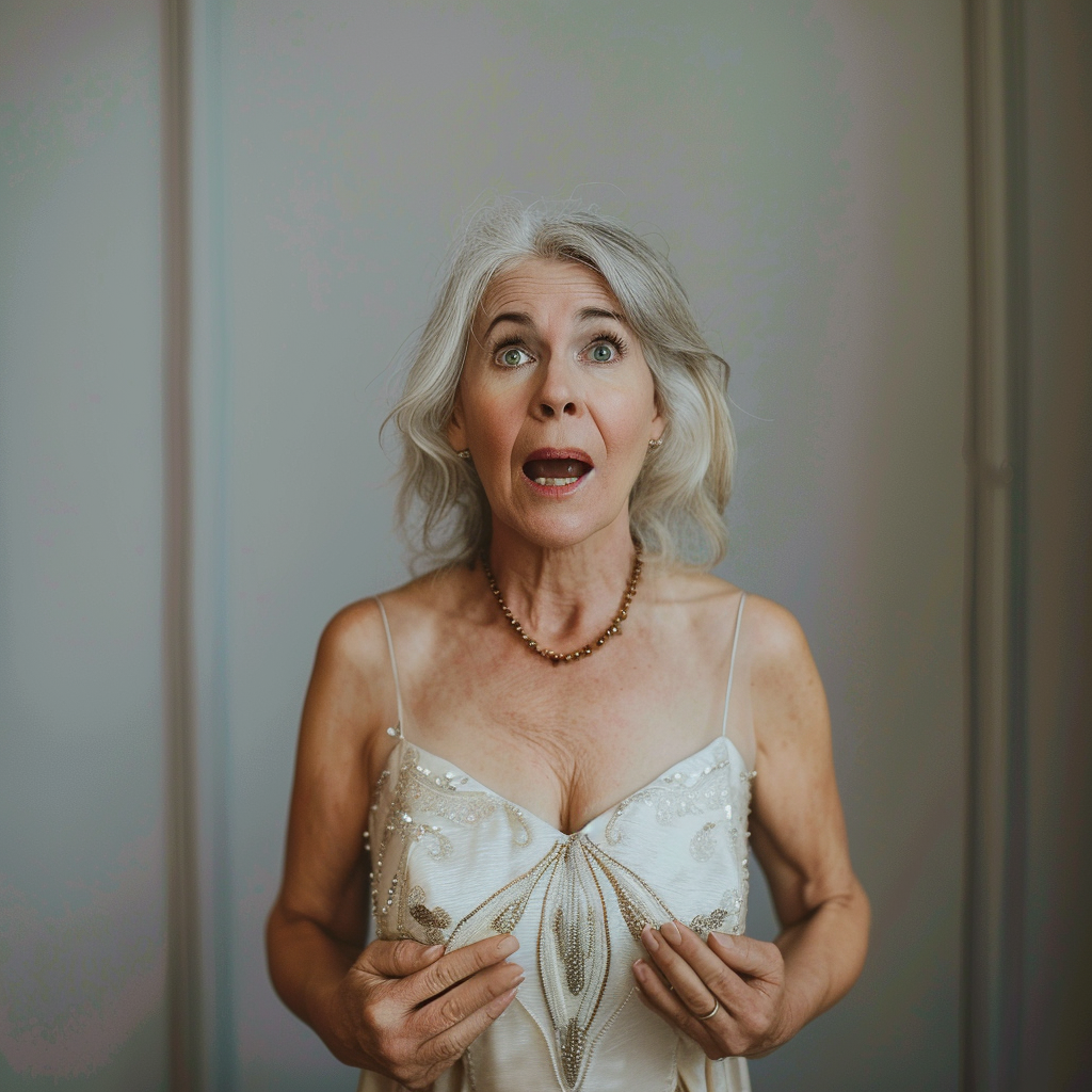 Une femme très choquée et bouleversée vêtue d'une robe coûteuse | Source : Midjourney