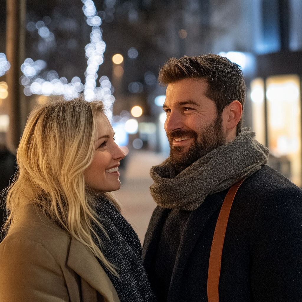 Un homme souriant parle à une femme | Source : Midjourney