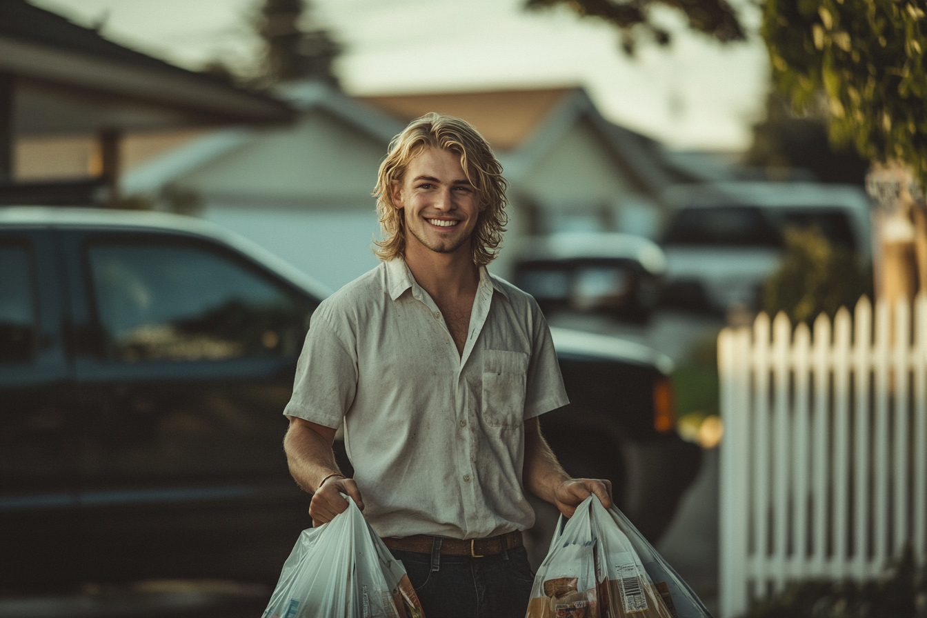 Homme d'une vingtaine d'années aux longs cheveux blonds tenant des sacs d'épicerie devant un SUV noir | Source : Midjourney